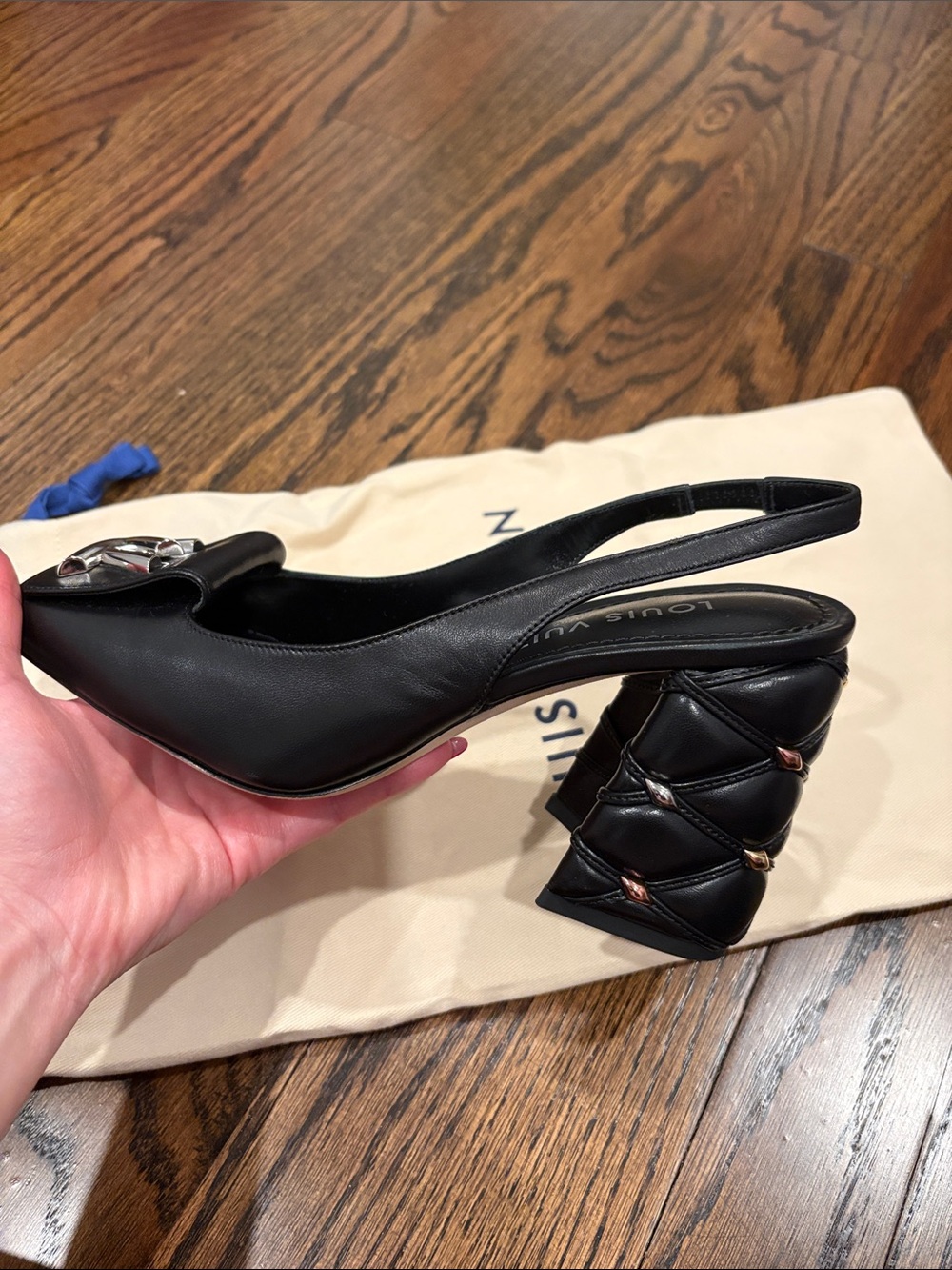 Louis Vuitton Black Leather Peep-Toe Slingback Heels with Silver LV Emblem - Picture 9 of 11